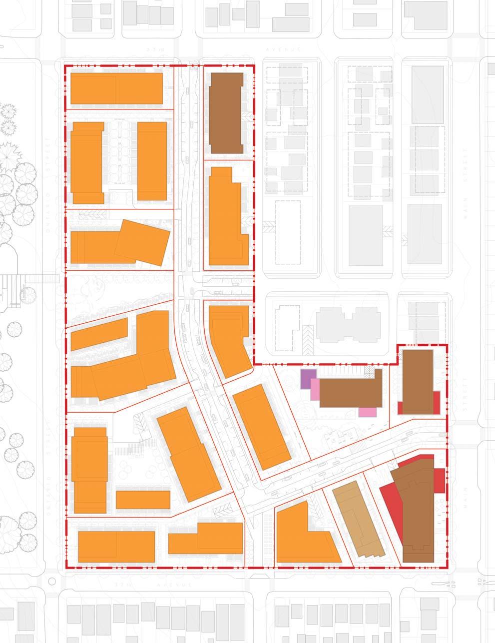 5 Built Form Figure 5-: Parcels and Buildings 33RD AVE. 5. Block and Building Design Concept Block, parcel, and building design in Little Mountain is based largely on the public realm concept, and the historical site context.