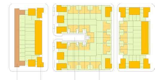 The variety in the housing forms described below is used as building blocks to generate this layout.