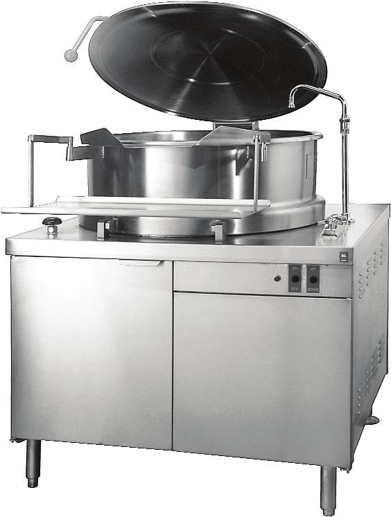 Modular Direct Steam Tilt and Stationary Kettles Direct Steam Tilt Kettles on Modular Base Cabinet 2/3 Jacketed, Spring Assist Cover, 2 Tangent Draw-off, 35 PSI, Hydraulic Lift, Steam Control