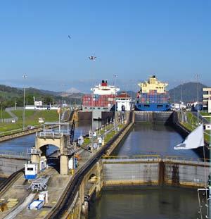 Work finally started on the Panama Canal in 1904. The 51-mile canal includes a series of gated chambers called locks.