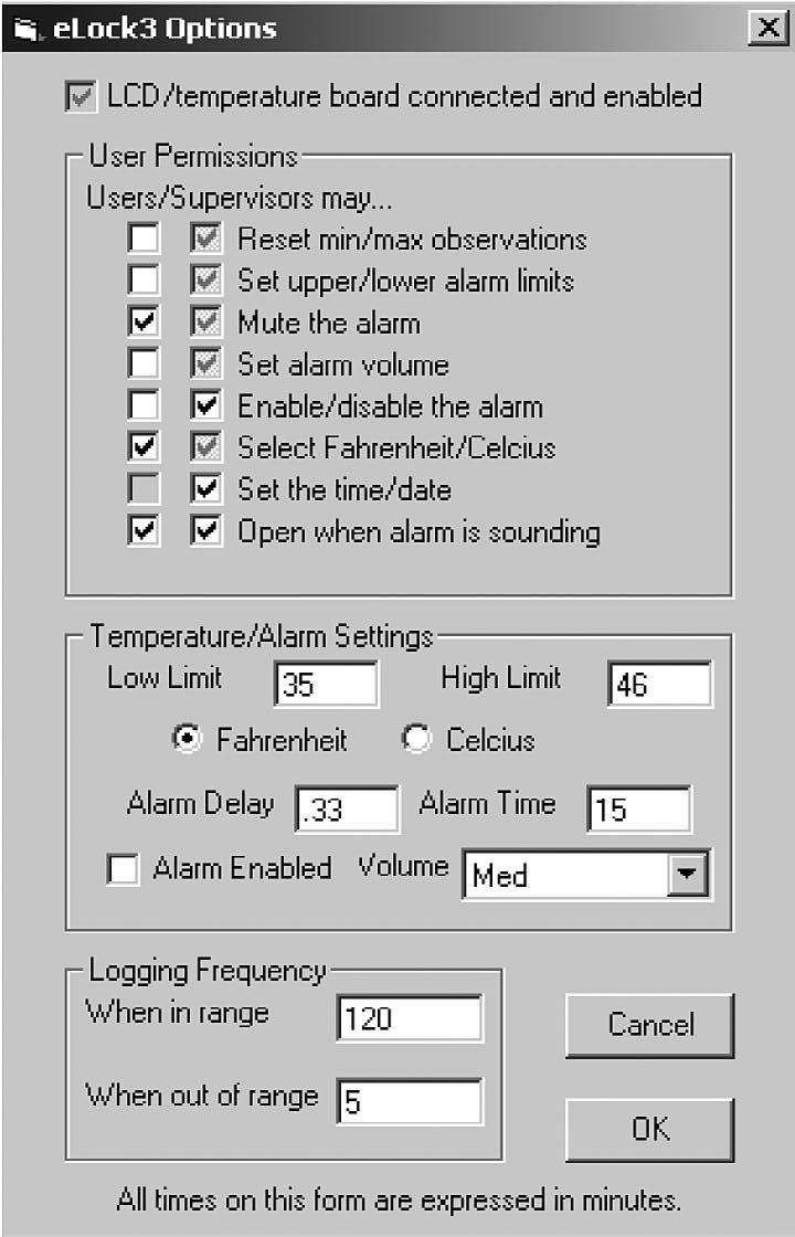 Below are the factory default settings for elocs equipped with temperature monitoring. NOTE: User Permissions can only be changed using the optional LocView software.