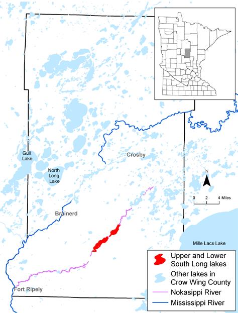 Introduction Upper and Lower South Long Lakes are located in Crow Wing County, north central Minnesota (Figure 1). These lakes lie in the center of the Mississippi River-Brainerd Watershed.