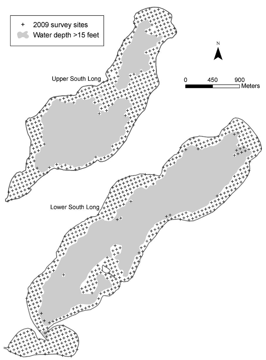 Figure 2. Vegetation survey sites in Upper and Lower South Long Lakes, June 2009. Table 1. Sample effort by water depth.