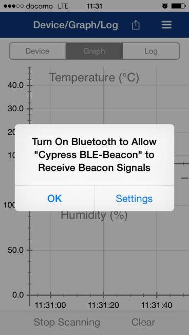 If Bluetooth is turned OFF in the ios device, ios will display a message box to turn ON Bluetooth with the Settings and OK buttons.