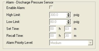 Figure 22 Condenser Alarm Discharge Pressure Sensor Enable Alarm: Check this box to enable alarm monitoring for this sensor. Note that you can not disable alarms related to sensor failures.