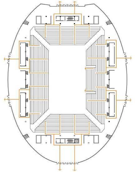 areas on the movable seating and fixed seating. Fixed seating is located on the third floor and connects to the spectator level via stairs.