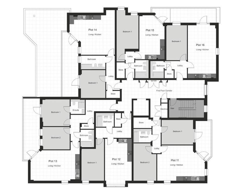 FIRST FLOOR PLOT 11 72 m2 774 ft2 Living /Kitchen 27.3 m2 294.0 ft2 Bedroom 1 14.3 m2 153.8 ft2 Bedroom 2 14.6 m2 157.6 ft2 Bathroom 3.7 m2 39.3 ft2 PLOT 12 54 m2 578 ft2 Living /Kitchen 21.7 m2 233.