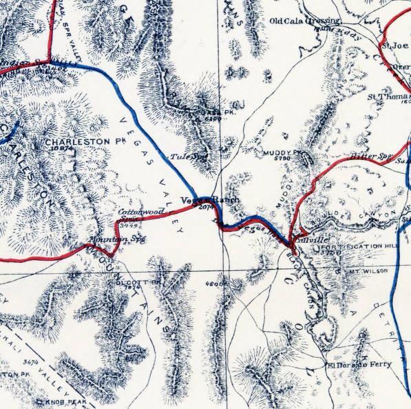 Early maps by Mormon Settlement established at spring head in 1855.