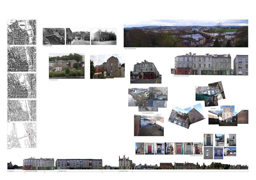 Bridgend can be described in the following ways - Mix of styles including Georgian and Modern all of which contribute to a range of qualities and standards. Main Street has buildings.