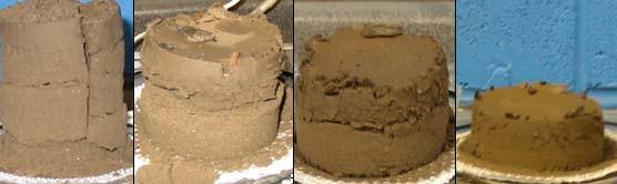 Figure 5 Soil column after tests on Cayuga Lake sediments and geotextile B under 35kPa (From left to right: 1%, 2%, 3% and 4%) The pressure filtration test results for clean sand and silt showed