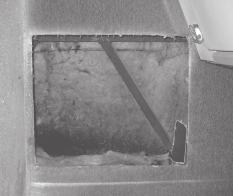 MOUNING EVAPORATOR UNIT: Saw opening 24 1/4 wide by 18 1/4 tall, beginning 1 1/4 from restroom wall, 3 1/4 above crease in fiberglass panel just above top of rear seats.