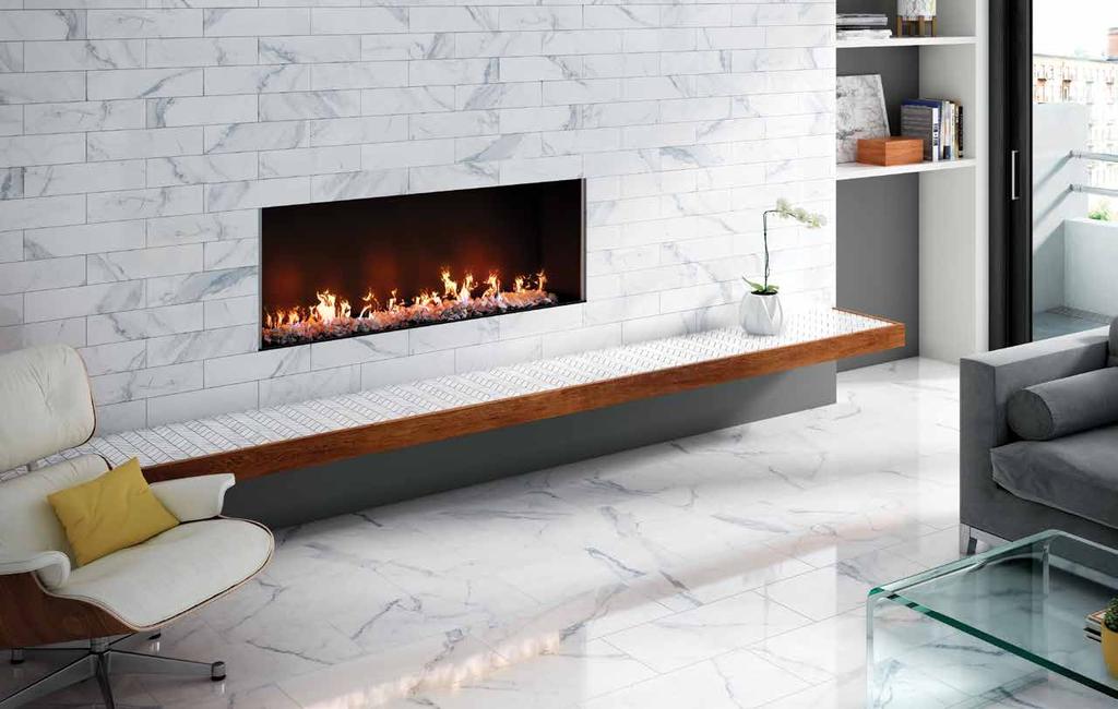 White Marble Porcelain Collection statuary 4in x 16in on wall, 1in x 6in Herringbone Mosaic on fireplace ledge, and 12in x 24in on floor Stone Shade Variation LIGHT Relatively uniform in background