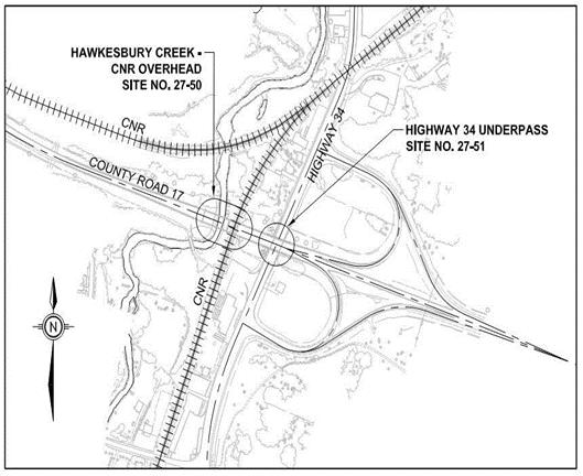 PROJECT DESCRIPTION The CNR/Hawkesbury Creek Overhead Bridge is a three-span bridge carrying two lanes of traffic and two speed change lanes (for the interchange ramps) on County Road 17 over