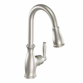 The bulb-shaped pulldown spout enhances the curvature of the faucet body and handle, for a truly polished look.