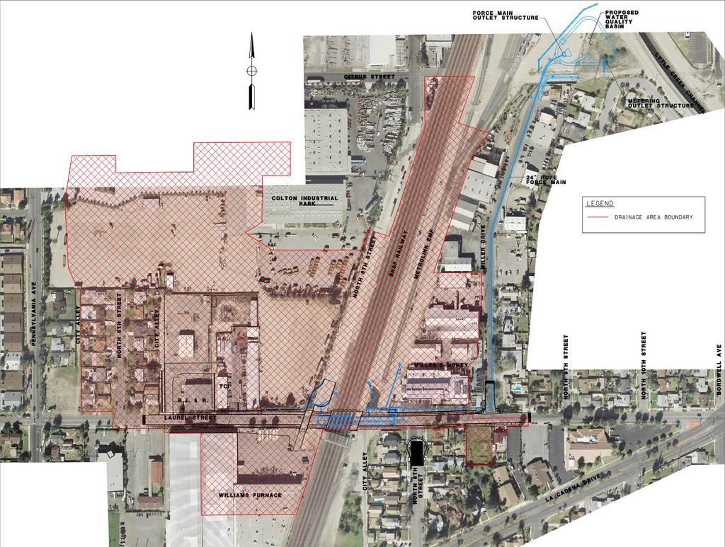 FIGURE 4: Drainage Areas and Proposed Improvements PROPOSED DRAINAGE FEATURES The City of Colton approved the 25-year return frequency storm as the basis for design on this project, which is