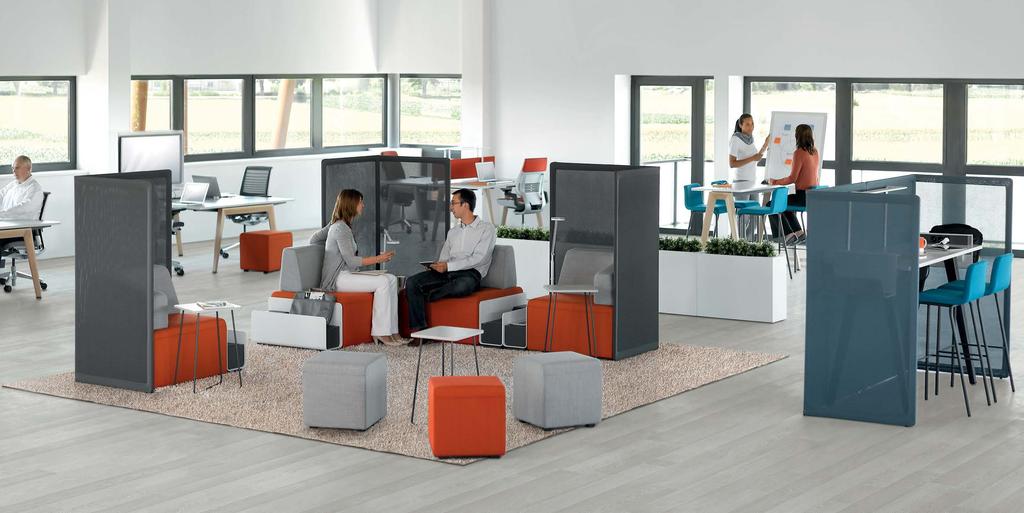 C9524 B-Free big cubes and small cubes (tr08/re02), screens (7273/1206), occasional tables (WY/MG), B-Free desk and high tables (WY/HW), B-free high tables (WY/MG), stools (TR14/MG), bag drop and bag