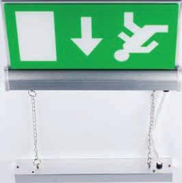 EXIT SIGNS 27 BE10 EMERGENCY HANGING EXIT SIGN LED Hanging Exit Sign Brushed Chrome Finish Charge Healthy LED Indicator Supplied With Down Arrow Legend 399mm x 53mm x 182mm White Option Available