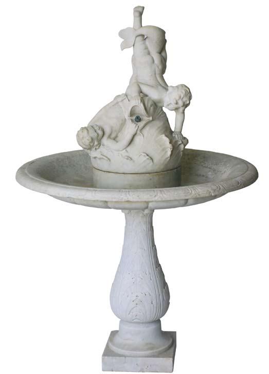 An early 20th century Italian carved marble fountain, circa 1920, in the form of two children entwined playing with a dolphin, upon a