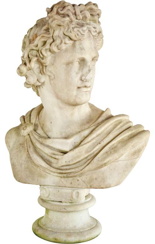 A marble Apollo Belvedere bust after the antique, circa 1860.