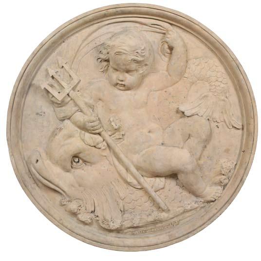 A roundel by Coade, stamped Coade Lambeth 1791, depicting a putto as Neptune on dolphin. This roundel corresponds to engravings in Coade s 1784 catalogue item no.