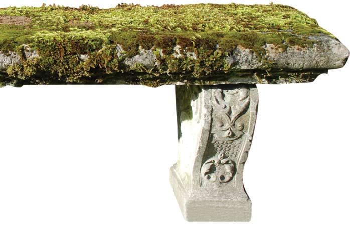A French composition stone bench, raised upon decorative
