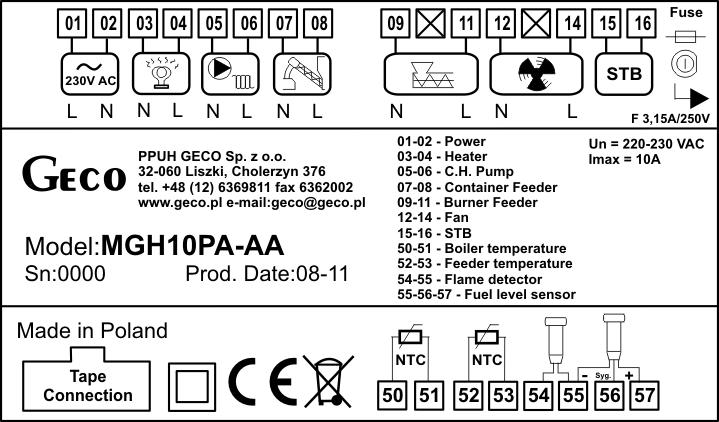 9. CONNECTING DEVICES TO THE GH10PA CONTROLLER OUTPUTS INPUTS 14 L Fan (P2) 50, 51 Boiler temperature (T1) 12 N Fan (P2) 52, 53 Feeder temperature (T2) 11 L Burner feeder (P1) 54, 55 Flame sensor