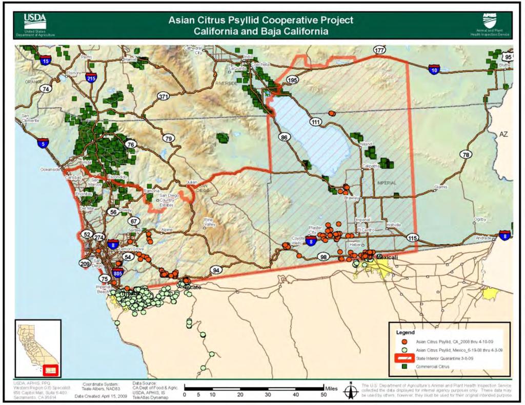 The red dots indicate locations where the psyllid was found in California and the green dots in Mexico.