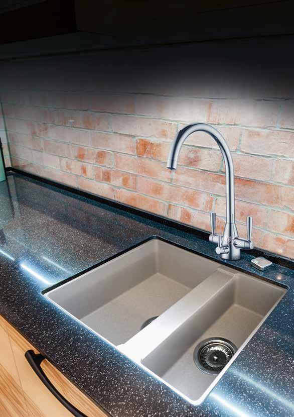 14 Tetragon Tetragon under/inset sinks are manufactured from 80% natural quartz, while the ramining 20% of the mixture consists of high quality resins, ensuring heat
