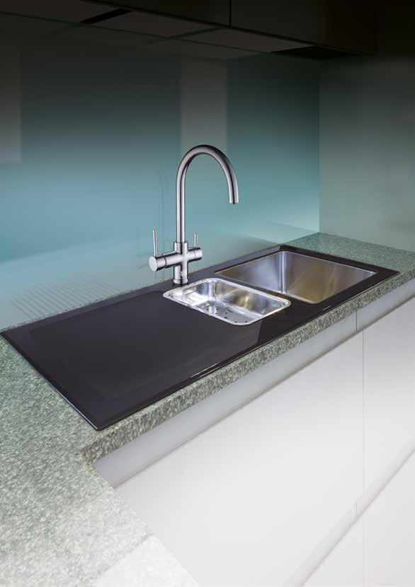 4 Designer Glass Sinks Reflection Enhance your kitchen with this stylish glass sink available in black or white single bowl & 1 ½ bowl, Quality toughened safety 8mm thick glass with 304 grade
