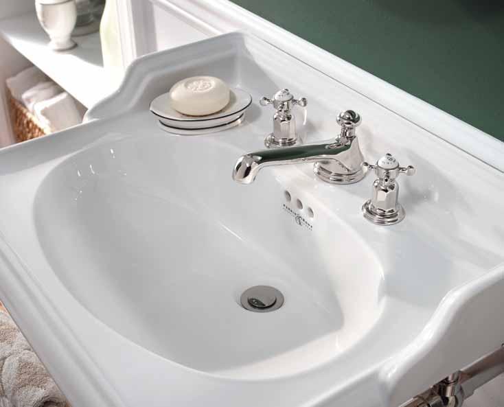 A tap with a low spout and porcelain lever handles will complement a large square or rectangular basin; a curvy monobloc tap is perfect for a smaller cloakroom basin and a