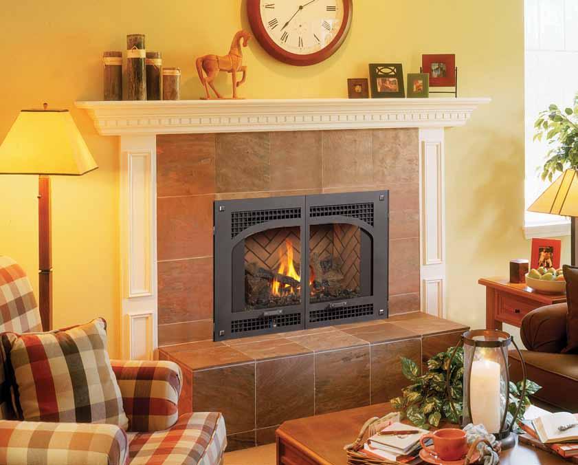 Bungalow Face DVL fireplace insert shown with optional herringbone brick fireback and large backing plate and optional accent trim.