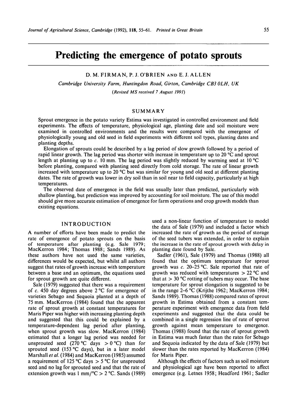 Journal of Agricultural Science, Cambridge (1992), 118, 55-61. Printed in Great Britain 55 Predicting the emergence of potato sprouts D. M. FRMAN, P. J.