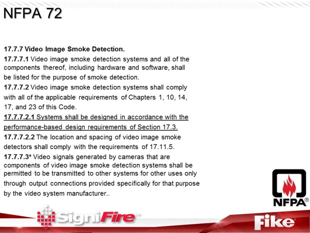 This is the NFPA 72 section on VID smoke detection, note the requirement for a performance based design.