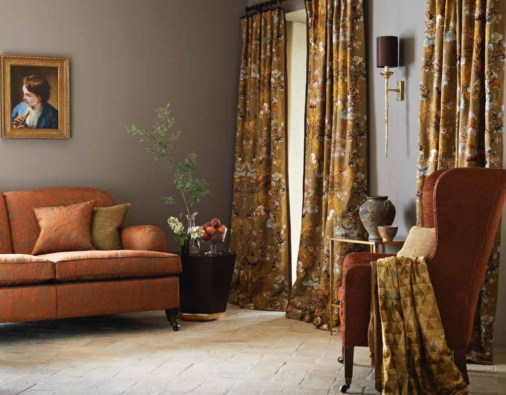 far left CurtainS Stitch Damask 331213 trimmed in Ketti KET01030 Sofa Granada 331203 piped in Lotus NEU16007 Cushions on sofa from