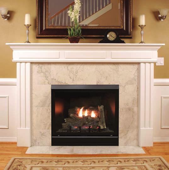 hand-painted ceramic fiber log set, and produce a natural dancing flame. Deluxe Direct-Vent Fireplace with Black Arch Louvers and Outer Frame in a Cherry Standard Mantel.