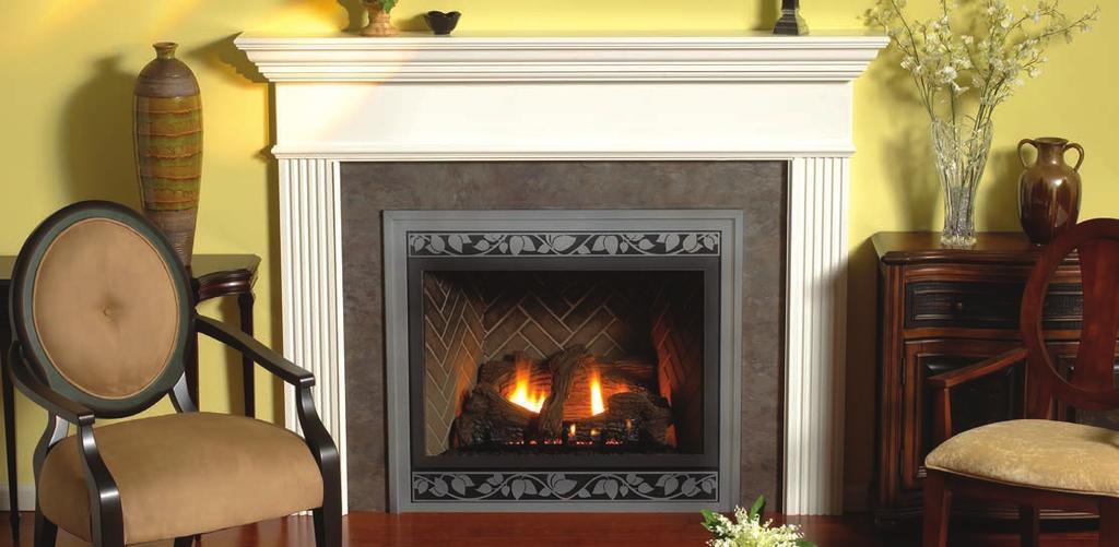 Premium Series Premium Direct-Vent Fireplace with White Profile Mantel shown with Optional Herringbone Brick Liner, Hammered Pewter Outer Frame, Leaf Louvers, and Bottom Trim.