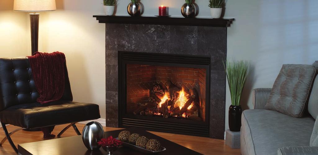 Luxury Series Luxury Direct-Vent Fireplace with Custom Mantelshelf and Slate Tile Surround.