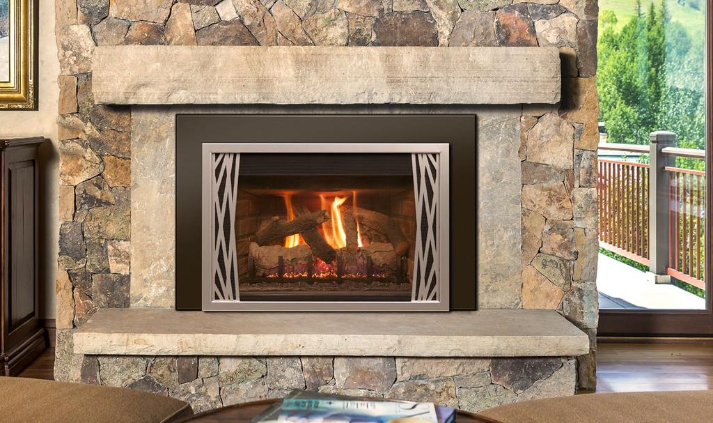 Pictured: 25 mseries Direct Vent Insert (DVI-25m-01-32N) with Burnt American Oak logs, Small 3-sided surround, Traditional Brick interior liner and Satin Stainless Nest decorative overlay.