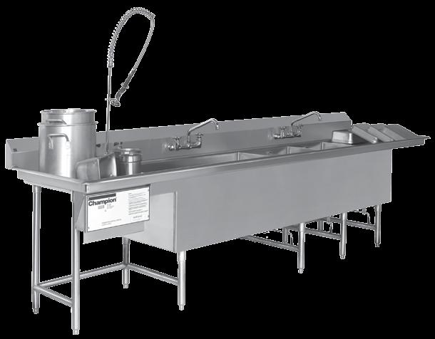 Power Wash Sink Systems Model PP-3 Taskmaster Type 304 polished stainless steel construction 14 gauge stainless tanks and drain boards 11" high x 2-1/2" deep back splash Twist handle drains Stainless