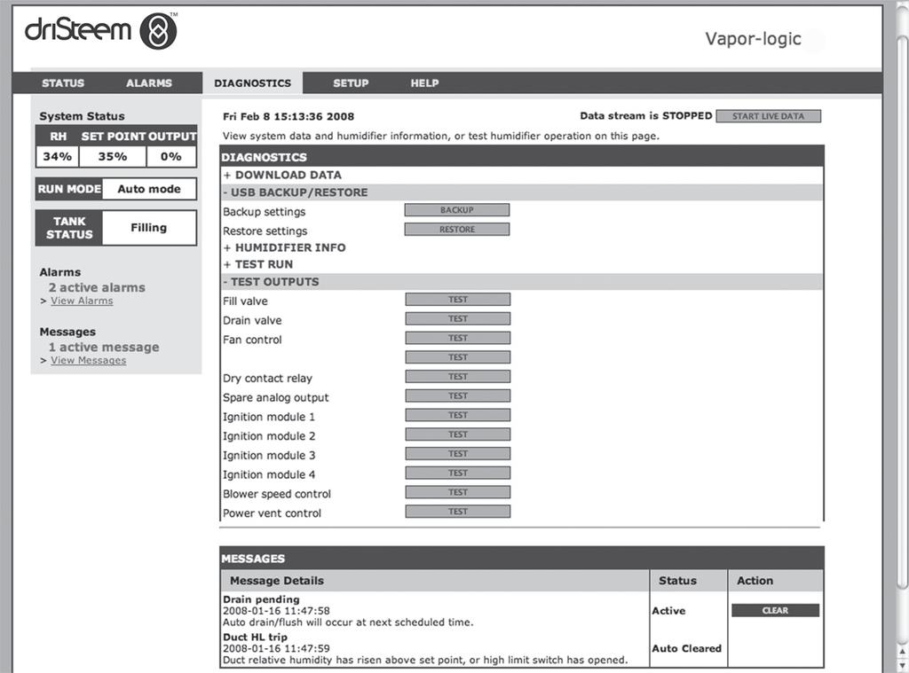 Diagnostics screen FIGURE 44-1: VAPOR-LOGIC WEB INTERFACE DIAGNOSTICS SCREEN Click on buttons to activate functions.