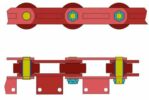 The carrier-beam is secured at its end to the conveying chain, by screws and anti-unscrewing plates. The main chain is constructed using high resistance steels of high surface hardness.