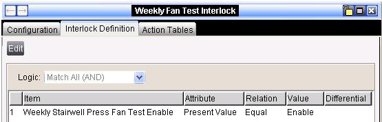 The Weekly Fan Test Interlock Definition in Figure 14 is the point that enables the Stairwell Fan Test.
