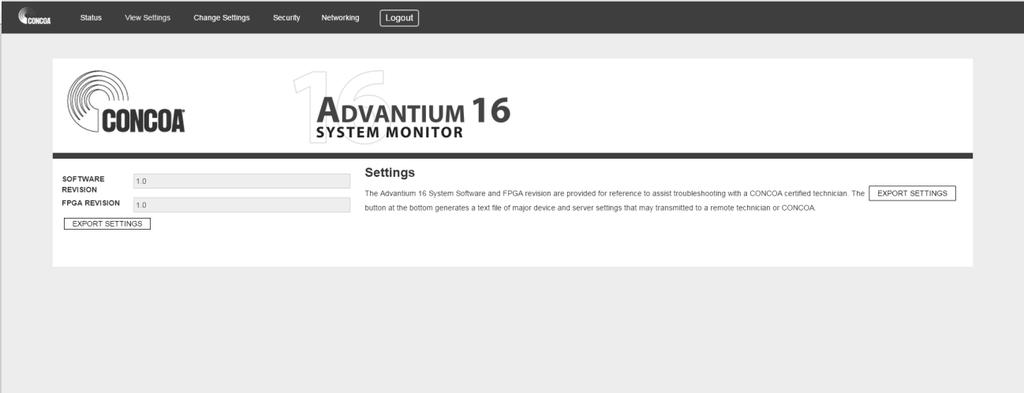 VIEW SETTINGS PAGE The Advantium 16 webserver view settings screen displays two system parameters: Webserver Software version and FPGA version.