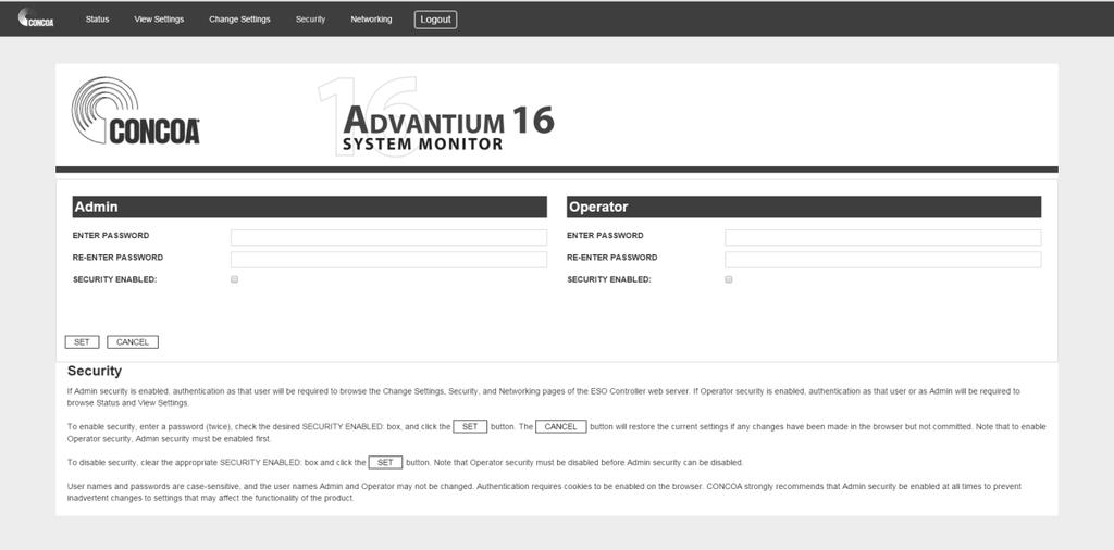 SECURITY PAGE The Advantium 16 Security page shows the security settings for the system.