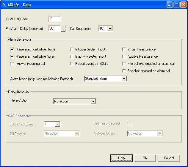 This will open the ADLife Data event configuration window. Ensure the Alarm Behaviour box is configured as shown and that the correct Call Sequence is selected.
