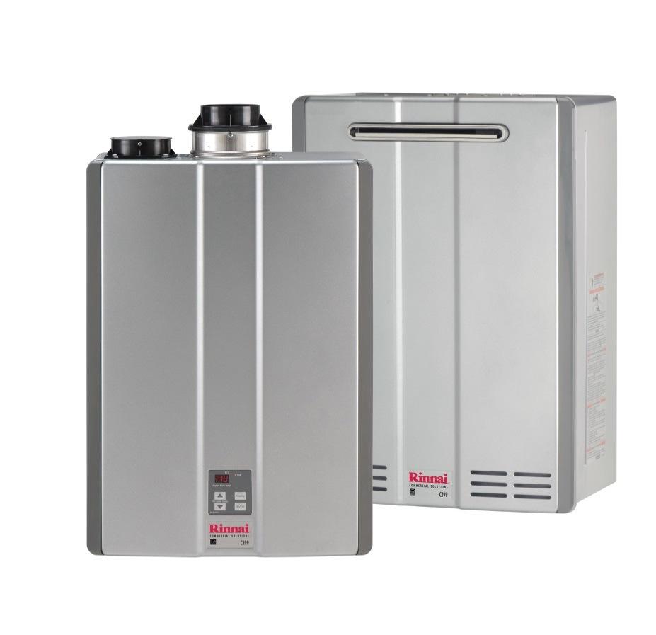 Rinnai Commercial Condensing Tankless Water Heaters C199 Benefits: Commercial Energy Star qualified - 96% Thermal Efficiency Endless supply of hot water allows business run constantly Compact design