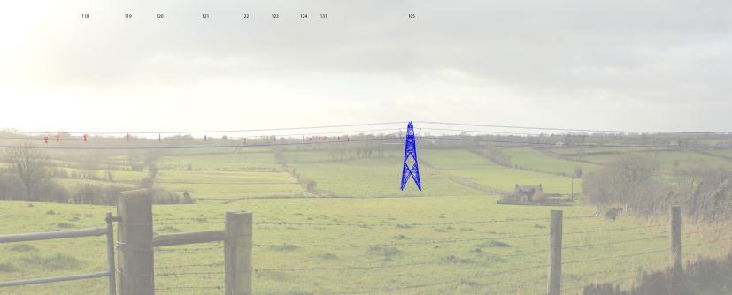 Proposed view including transmission line Wireframe blue shows what is in view, red shows what is screened by intervening vegetation or topography Reason for selection: This photomontage represents