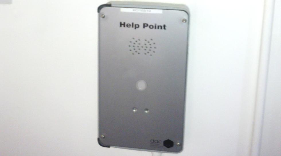 An intercom telephone (wall-mounted panel) connects to Security staff, who are automatically aware of your location even if you cannot hear them over the noise of the fire alarm; you are immediately