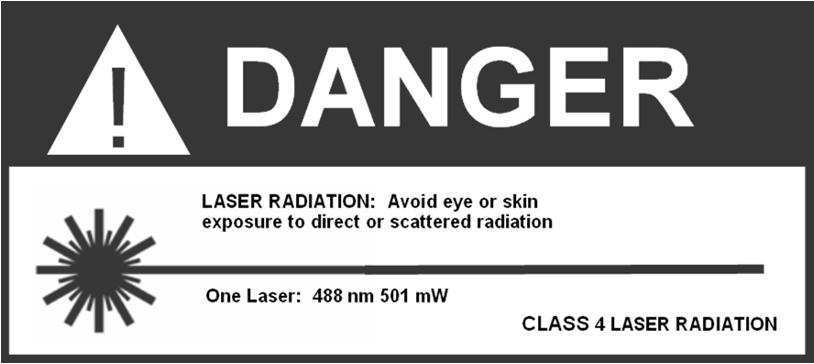 Class 2 and Class 2M Yellow/Black! CAUTION LASER RADIATION: Avoid eye or skin exposure to direct or scattered radiation TWO LASERS: 450 nm 0.