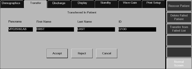 Patient Setup Functions Transfer Tab 3. Select the Transfer tab. The Transfer tab (shown in FIGURE 5-13) is displayed. 4. Select the Accept/Reject button on the Transfer tab.